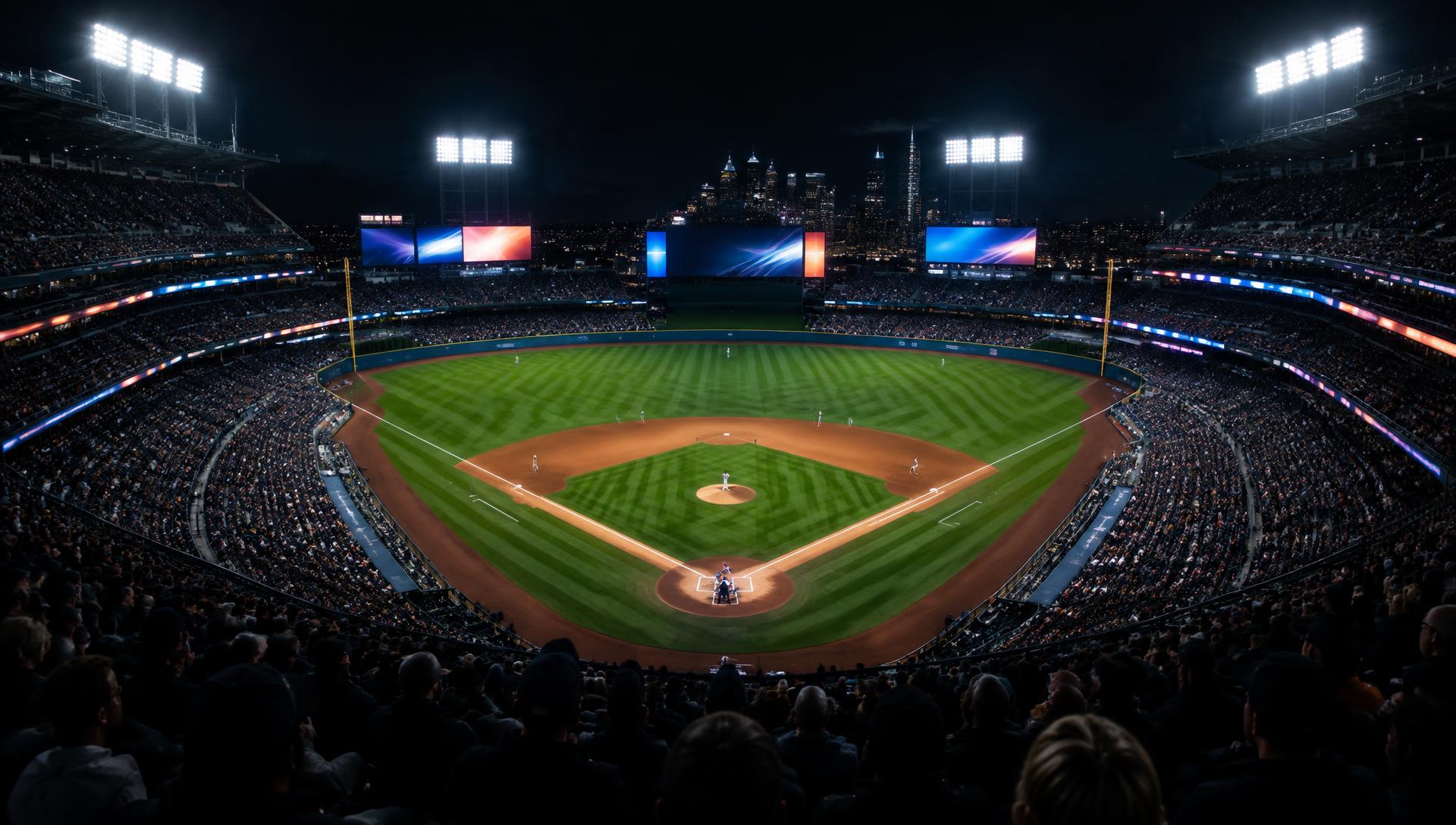 Packed MLB ballpark at night under the lights